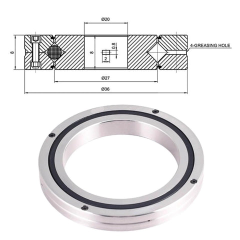 Diagram and front view of One Piece Precision Crossed Roller Bearing For Robot Joint RB2008 UUCC0P5 CRB208 20x36x8mm