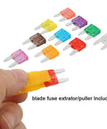 Heavy Duty 130 Piece Mini Car Truck Boat Blade Fuse Assortment Kit With Puller Tool Includes 3A To 40A Assorted Electronic Fuses For Road Ready Auto Repair And Badass Circuit Protection Built Rugged For Any Job; colorful fuses with extractor tool held in hand.