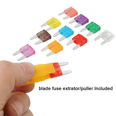 Heavy Duty 130 Piece Mini Car Truck Boat Blade Fuse Assortment Kit With Puller Tool Includes 3A To 40A Assorted Electronic Fuses For Road Ready Auto Repair And Badass Circuit Protection Built Rugged For Any Job; colorful fuses with extractor tool held in hand.