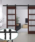 Heavy Duty 9 Foot Sliding Door Hardware Kit For Double Barn Doors With Smooth Gliding Track installed above two wooden doors in living room.