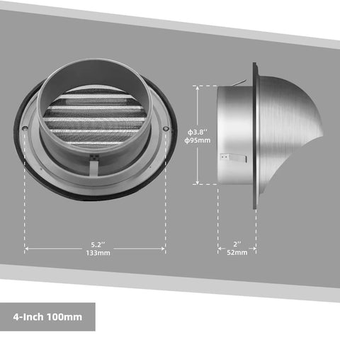 4-Inch Round Stainless Steel Dryer Vent Cover Grill Hood For Home Use With Easy Install Rubber Ring, front and side dimensions shown