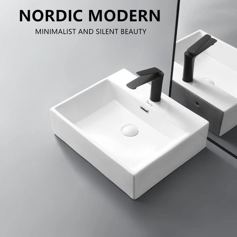 Top view of Large White Ceramic Vessel Sink 20x16.5 Inch Wall Mount With Pop Up Drain Kit, modern bathroom setup against a mirror.