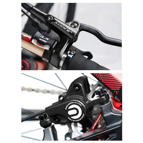 Close-up of Pro Grade Hydraulic Disc Brake Set for Mountain Bikes with aluminum alloy calipers and 160mm rotor installation.