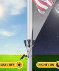 Lit 1000 Lumen Solar Flag Pole Light 5 In 1 Outdoor LED Dusk To Dawn Waterproof on day and night modes, illuminating flag pole.