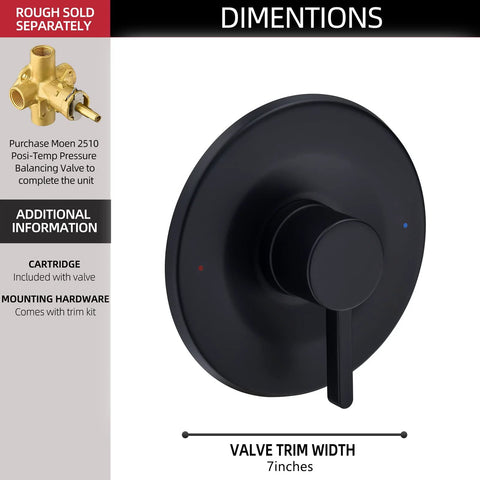 Matte black shower and tub trim kit for Moen Posi-Temp valve; 7-inch round escutcheon with lever