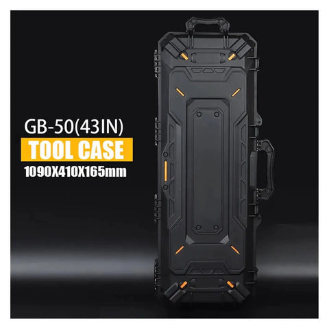 Front view of Road-Ready Waterproof Gear Case With Wheels For Cameras Computers Bows Arrows Fishing Rods Golf Clubs And More, Heavy Duty Tool Box With Thick Foam Padding And Dual Handles For Easy Carry Or Pull.