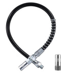 Grease gun hose assembly, 18-inch spring-flex black hose with 1/8 in NPT fittings and metal coupler