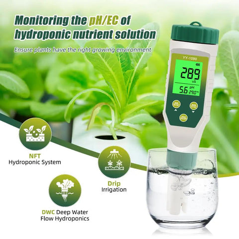 5 In 1 Water Tester With LCD Backlit For pH TDS EC Salt And Temperature Readings Digital Meter in hydroponic setup