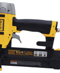 18 Gauge Brad Nailer Kit For Quick Finish Work Pneumatic Nail Gun Five Eighths Inch To Two Inches With Tool Free Depth Adjustment Jam Release Rear Exhaust And Maintenance Free Motor, side view