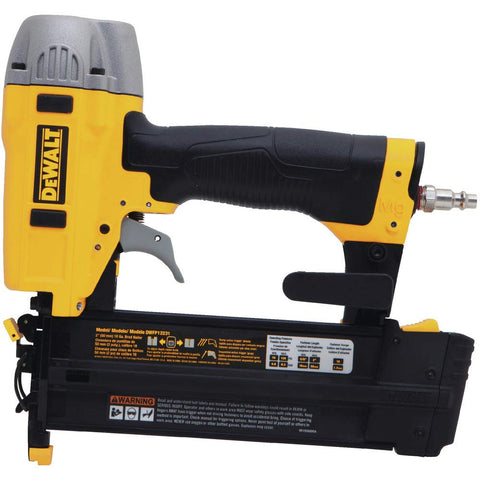 18 Gauge Brad Nailer Kit For Quick Finish Work Pneumatic Nail Gun Five Eighths Inch To Two Inches With Tool Free Depth Adjustment Jam Release Rear Exhaust And Maintenance Free Motor, side view