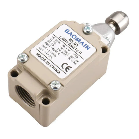 Rock Solid IP66 Waterproof Limit Switch With Sealed Top Ball Plunger And Momentary Snap Actuator in beige die cast housing.