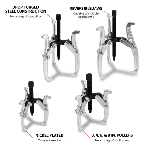 Beefy Built Tough Gear Puller Set 3 Jaw 4 Piece With 3 4 6 And 8 Inch Reversible Pullers, drop forged steel with chrome finish.