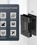 Heavy Duty 90 Degree Glass Shower Door Hinges In Solid Brass Black Finish Replacement Hardware For Five Sixteenth Inch To One Half Inch Tempered Glass Two Pack Ideal For Frameless Shower Enclosures, shown with dimensions and feature icons against a white background