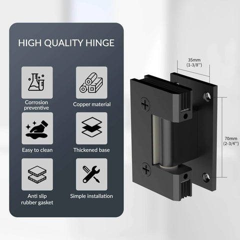 Heavy Duty 90 Degree Glass Shower Door Hinges In Solid Brass Black Finish Replacement Hardware For Five Sixteenth Inch To One Half Inch Tempered Glass Two Pack Ideal For Frameless Shower Enclosures, shown with dimensions and feature icons against a white background