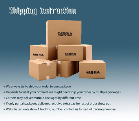 Stack of LIBRA trailer parts cardboard boxes on a blue gradient background with shipping instructions.