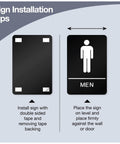 ADA Compliant Braille Restroom Sign For Business With Double Sided 3M Tape ABS Plastic 9 By 6 Inches Ideal For Offices And Restaurants Bathroom Signage With Raised Letters And Icons shown with installation tips