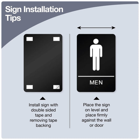 ADA Compliant Braille Restroom Sign For Business With Double Sided 3M Tape ABS Plastic 9 By 6 Inches Ideal For Offices And Restaurants Bathroom Signage With Raised Letters And Icons shown with installation tips