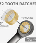 Ratcheting Combination Wrench Set 10 Piece Metric 72 Tooth 12 Point detail showing tooth mechanism and swing arc angle.