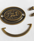 4-Pack Vintage Style Antique Brass Deer Pattern Bail Drawer Pulls, 2-Inch Center-To-Center, Oval Plate 51mm, shown disassembled