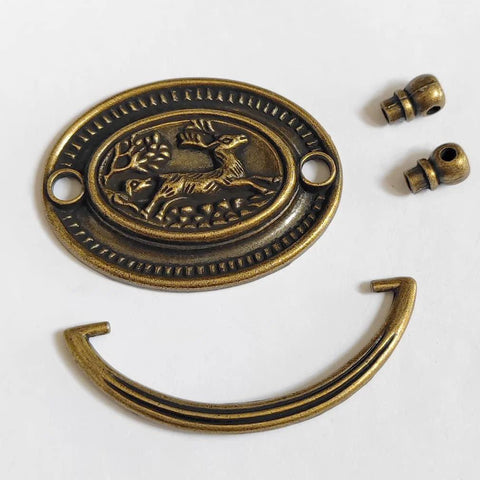 4-Pack Vintage Style Antique Brass Deer Pattern Bail Drawer Pulls, 2-Inch Center-To-Center, Oval Plate 51mm, shown disassembled
