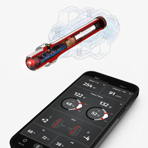 Single Sensing MTB Power Meter Pedal For Left Side, 100 Percent SPD Compatible, shown with smartphone app display