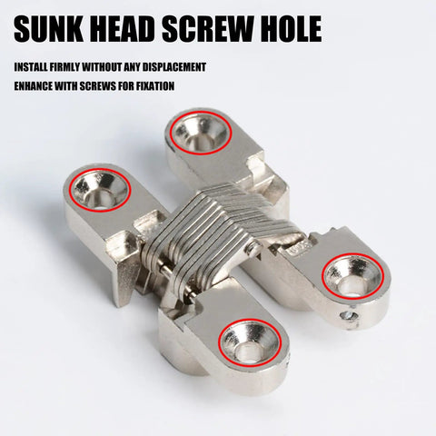 Close-up of 3 Pack Concealed Barrel Door Hinges With 180 Degree Swing Zinc Alloy Auto Close, sunk head screw holes visible