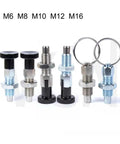 Heavy Duty Indexing Plunger With Contoured Handle Spring Loaded Return And Steel Locking Screw for M6 M8 M10 M12 M16 assembly and machining.