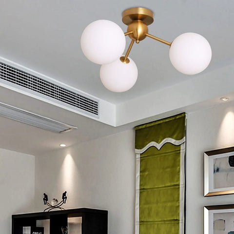 3 Light Modern Globe Ceiling Light Mid Century Sputnik Chandelier With White Glass Shades Brushed Brass Finish Semi Flush Mount