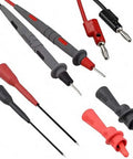 Probe To Multi-Stack Banana Plug Adapter For Fluke HP Tektronix Wavetek Amprobe Meters, red and black silicone leads, close-up view