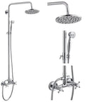 Dual Function Exposed Pipe Shower System With 8 Inch Round Rainfall Head, Brass Fixture, Two Handles, Adjustable Bar, Polished Chrome