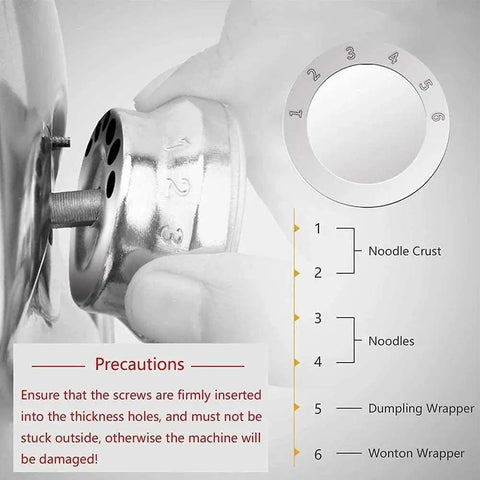 Electric Noodle Maker With Three Interchangeable Pasta Blades For Homemade Spaghetti Fettuccini And Dumpling Wrappers thickness settings guide.
