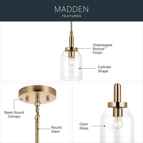 Top Shelf Champagne Bronze Mini Pendant Light With Clear Glass Shade For Kitchen Island and Chill Vibes Down Right Sleek Indoor Ceiling Fixture features a cylinder shape.