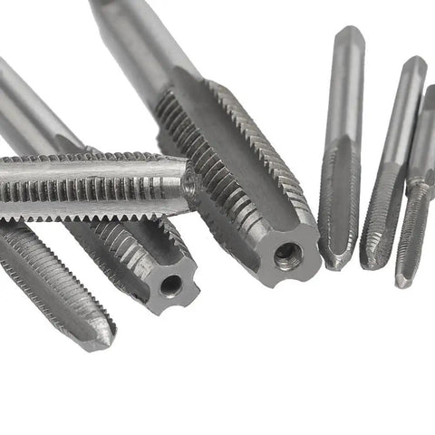 Close-up of 7 Piece Metric Tap Set HSS Tapping Tools M3 M4 M5 M6 M8 M10 M12 for Metalworking Pro Grade Hand Tap Kit