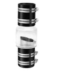 2-inch sump pump check valve with spring-loaded flapper; clear central chamber and steel hose clamps