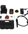 Rosvola Mini Bench Grinder Cordless With Flexible Shaft And Rechargeable Battery parts layout, including battery, charger, and tools.