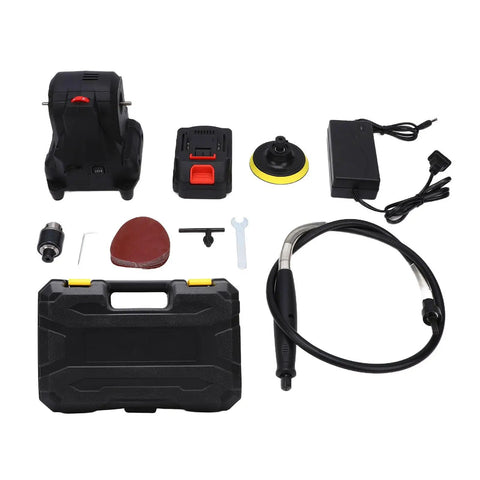 Rosvola Mini Bench Grinder Cordless With Flexible Shaft And Rechargeable Battery parts layout, including battery, charger, and tools.