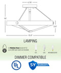 Dimensions and features of Valencia 16 Inch Three Light Modern Farmhouse Semi Flush Ceiling Light with textured glass shade.