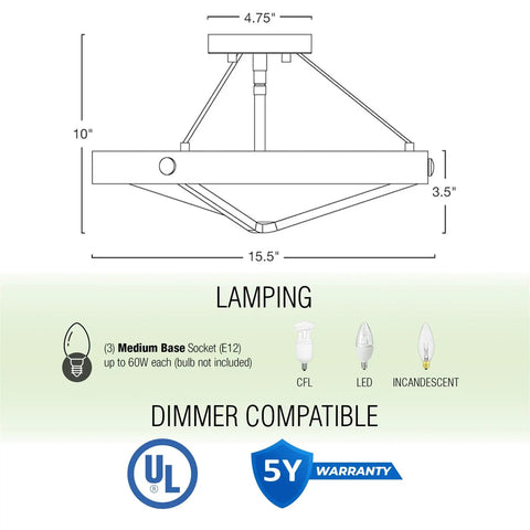 Dimensions and features of Valencia 16 Inch Three Light Modern Farmhouse Semi Flush Ceiling Light with textured glass shade.