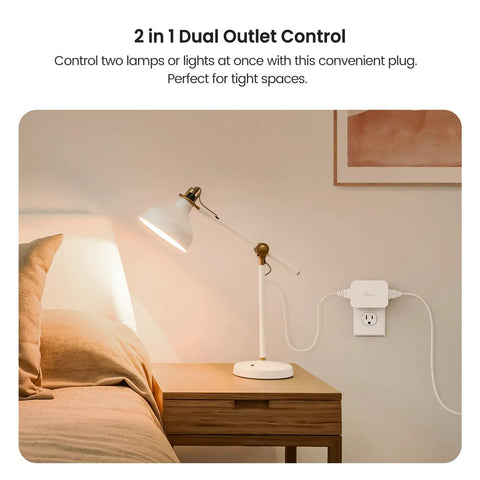 Bedroom setting with lamp and 2 In 1 Dimmer Plug With Remote No Smart Features, Wireless Control Outlet With Up To 100 Ft Range, Plug In Dimmer Switch For Dimmable Bulbs And String Lights, Max 300W.