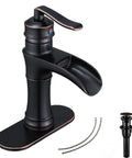 Oil Rubbed Bronze Waterfall Bathroom Faucet With Single Handle, 1 Or 3 Hole 4 Inch Install, Dope Farmhouse Vanity Tap Deck Mount With Drain Assembly