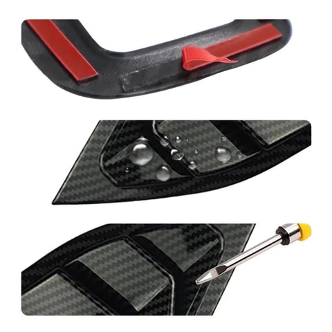 Hella Durable Matte Black Rearview Mirror Cover For 2024 Tesla Cybertruck view of adhesive strip and carbon texture detail.