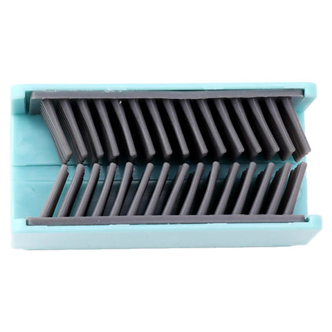 Hair Catcher, Reusable Silicone Drain Protector for Bathtub Shower Wall, top view showing flexible gray bristles in turquoise holder.