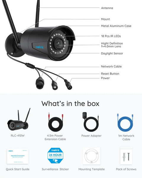 Outdoor 4MP WiFi Security Camera With Night Vision And IP66 Weatherproof Build, showing parts and accessories included.
