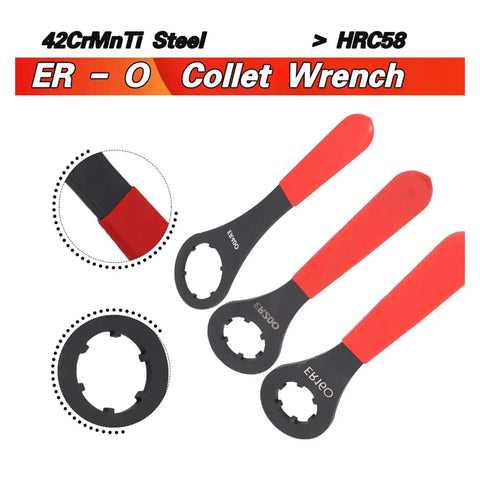 Heavy Duty Drop Forged Carbon Steel O Type Collet Wrench For ER16 ER20 ER25 ER32 Nuts Perfect Fit Spanner Tool For Milling CNC Lathe showing red handles and oval heads.