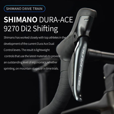 Close-up of Shimano Dura-Ace 9270 Di2 shifter on Di2 Full Carbon Road Bike With Ultra Light Frame And 24 Speed Shimano R9270 Groupset Hydraulic Disc Brakes Pro Grade Racing Carbon Bicycle For Adults Ultra Stiff Climb Ready 50cm Black