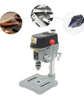 Powerful 340W Benchtop Drill Press With 3 Speed Corded Mini Drill For DIY Metal And Plastic Projects, detailed front view.