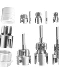 Pro 3 Piece Pvc Pipe Threader Kit For 1/2, 3/4 And 1 Inch Pvc Plastic Pipes showing steel cutter heads for different sizes.