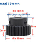 Image showing dimensions of 17-teeth pinion from Gear Rack and Pinion Set for Pros, 1 Modulus Steel Bevel Gear System.