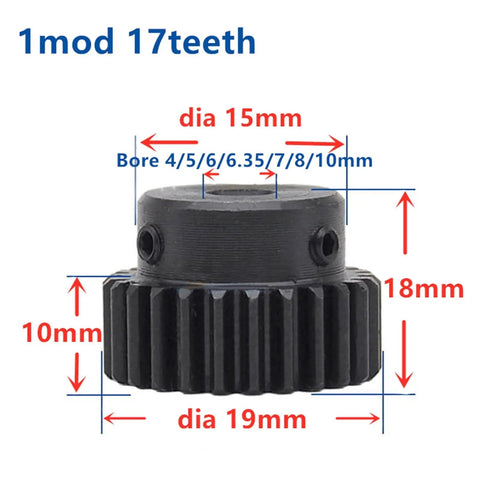 Image showing dimensions of 17-teeth pinion from Gear Rack and Pinion Set for Pros, 1 Modulus Steel Bevel Gear System.