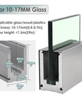 Heavy Duty Aluminum Glass Railing Spigot Kit Tough As Nails for 10 to 17 mm glass, showcasing clamp dimensions and glass fit.